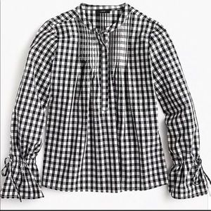 JCREW popover gingham top with tie sleeves